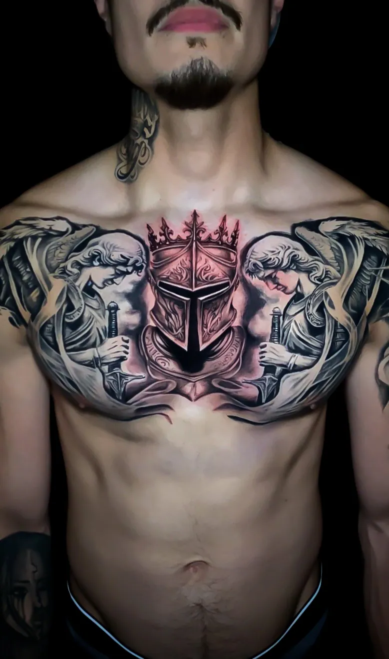 black and grey armour chest piece tattoo by Steve Bachman, Long Beach