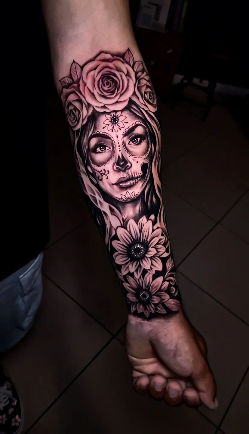 black and grey catrina and sunflower forearm tattoo by Steve Bachman, Long Beach