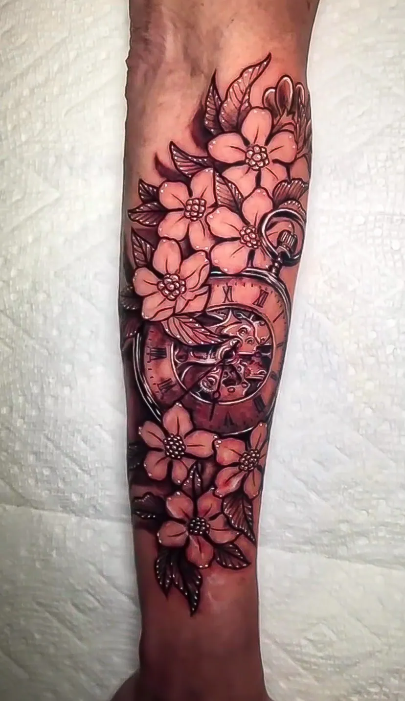 black and grey cherry blossom forearm tattoo by Steve Bachman, Long Beach