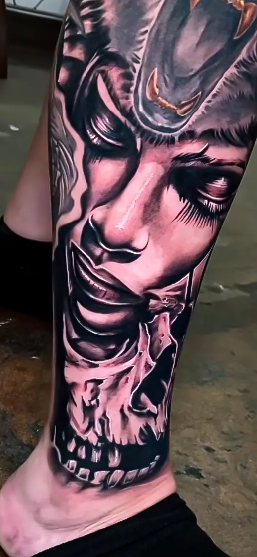 black and grey demon geisha forearm tattoo by Steve Bachman, Long Beach