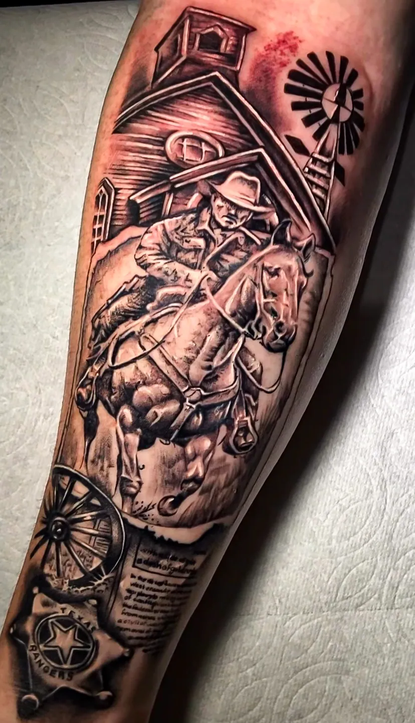black and grey illustrative farm scene leg piece tattoo by Steve Bachman, Long Beach