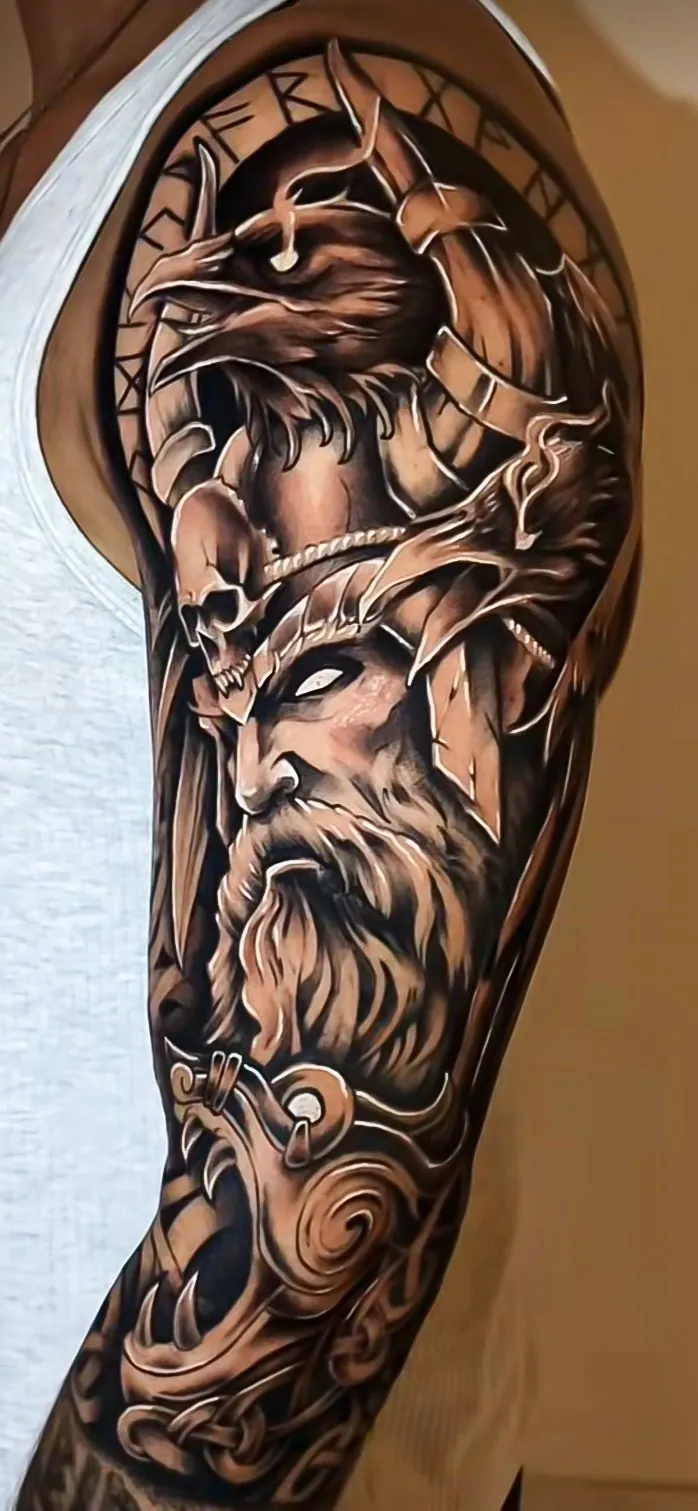 black and grey religious realism full sleeve tattoo by Steve Bachman, Long Beach