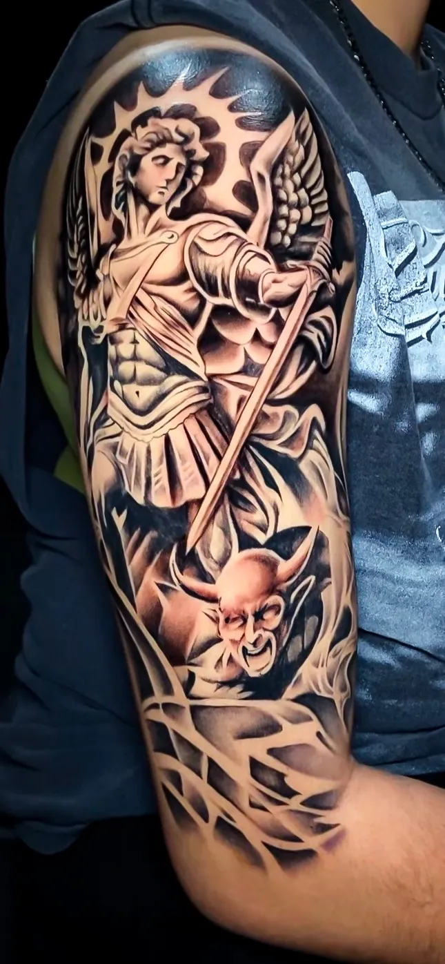 black and grey archangel realism sleeve tattoo by Steve Bachman, Long Beach