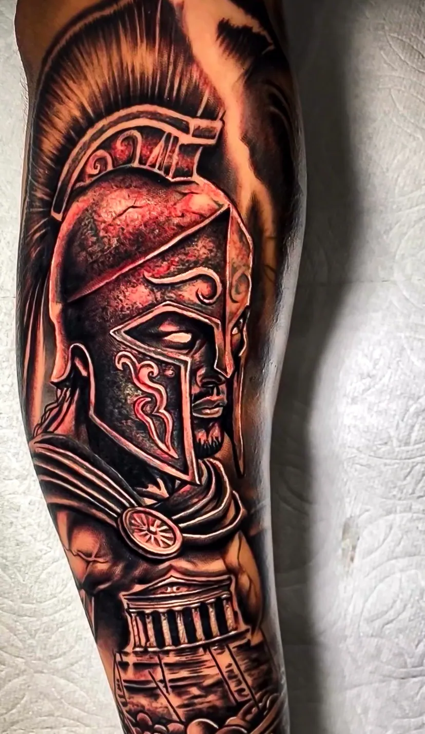 black and grey realism spartan warrior sleeve tattoo by Steve Bachman, Long Beach
