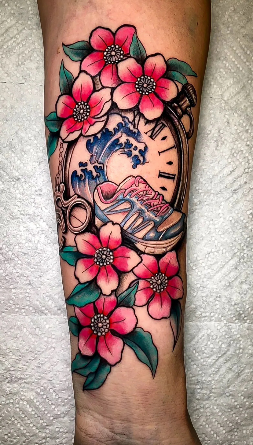 color cherry blossom leg piece tattoo by Steve Bachman, Long Beach
