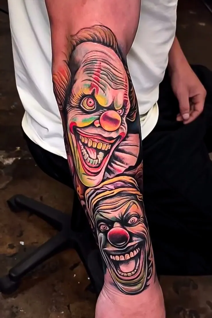 color realism clown arm piece tattoo by Steve Bachman, Long Beach