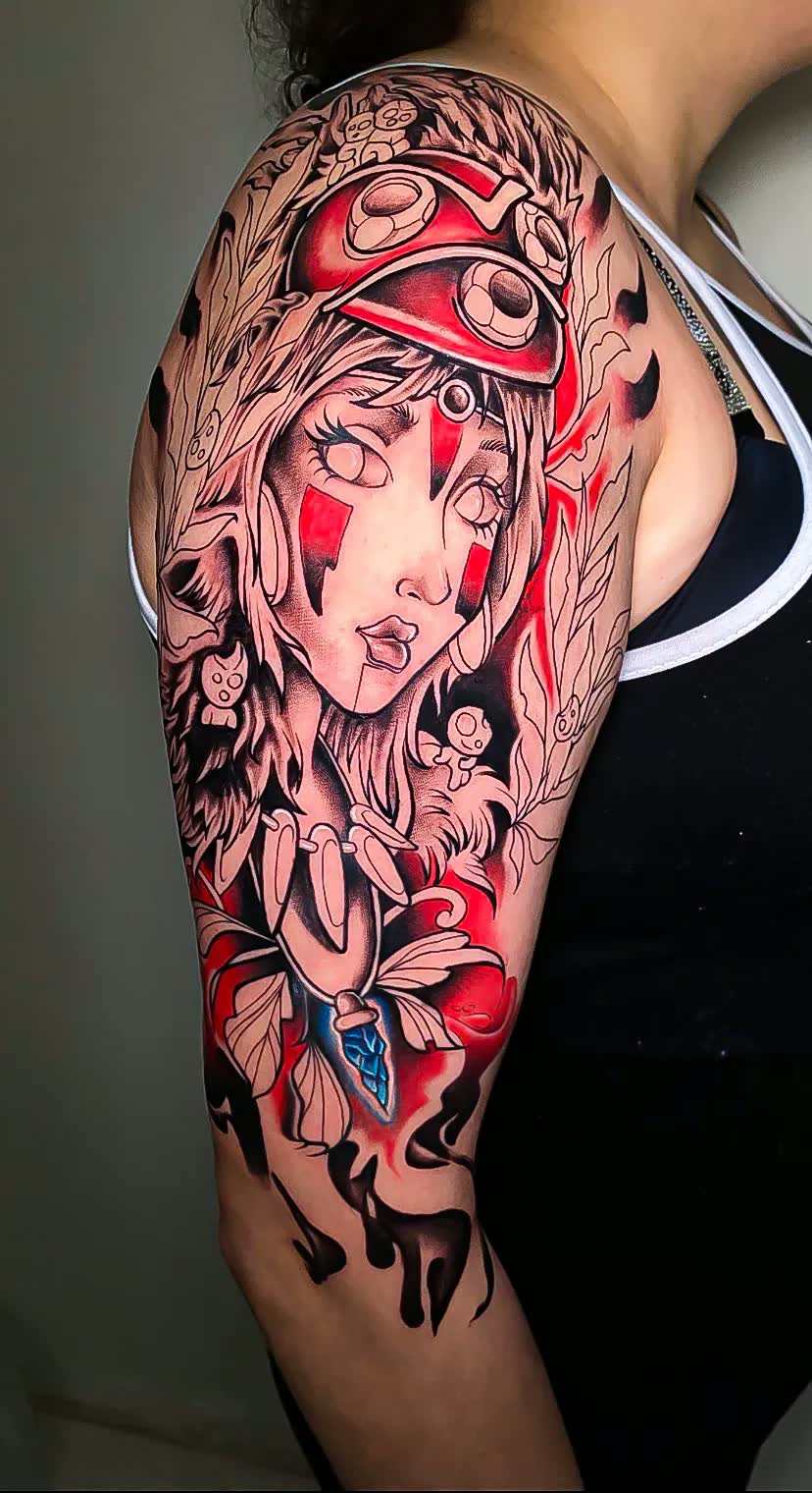 color surrealism woman and eye sleeve tattoo by Steve Bachman, Long Beach
