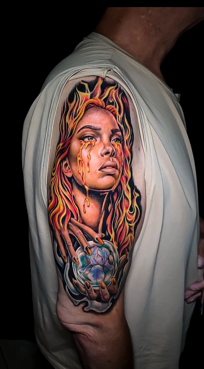 color realism woman portrait arm piece tattoo by Steve Bachman, Long Beach